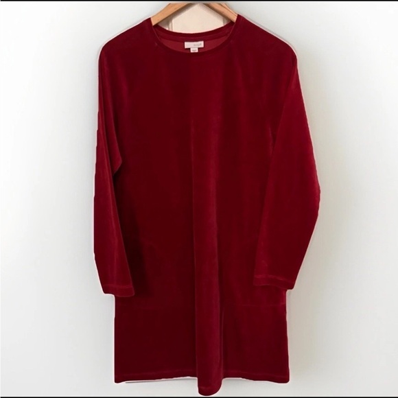 J. Jill Red Velvet Dress Long Sleeve Shift Size M Pima Cotton Holiday Romantic - Picture 2 of 9